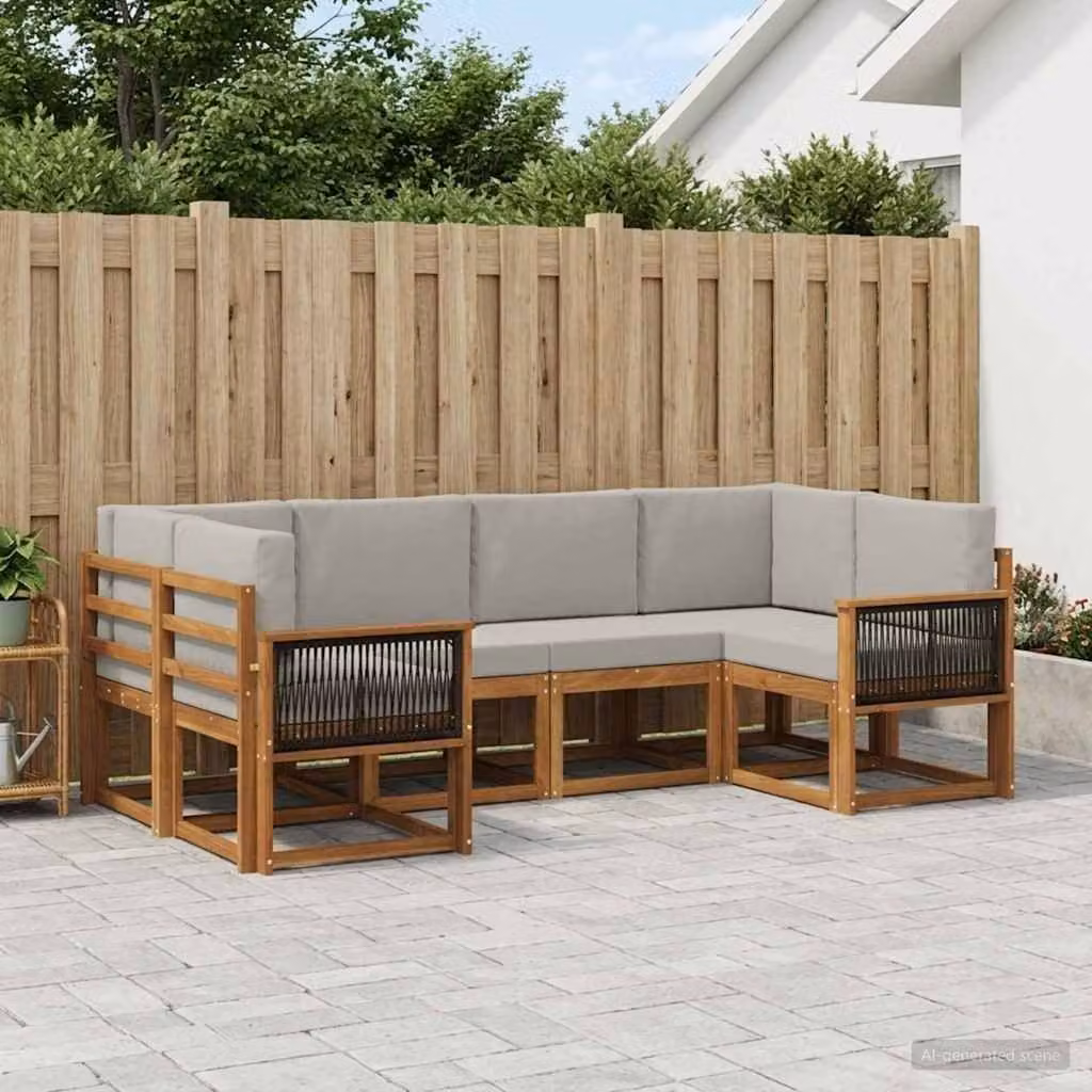 Set di divani da esterno vidaXL a forma di L composto da 6 pezzi in legno di acacia con cuscini in tessuto marrone e grigio