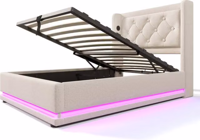 Letto singolo imbottito 90x200 cm beige in cotone con contenitore idraulico, testiera imbottita con funzione di ricarica USB Tipo-C e illuminazione LED su 3 lati (con materasso)