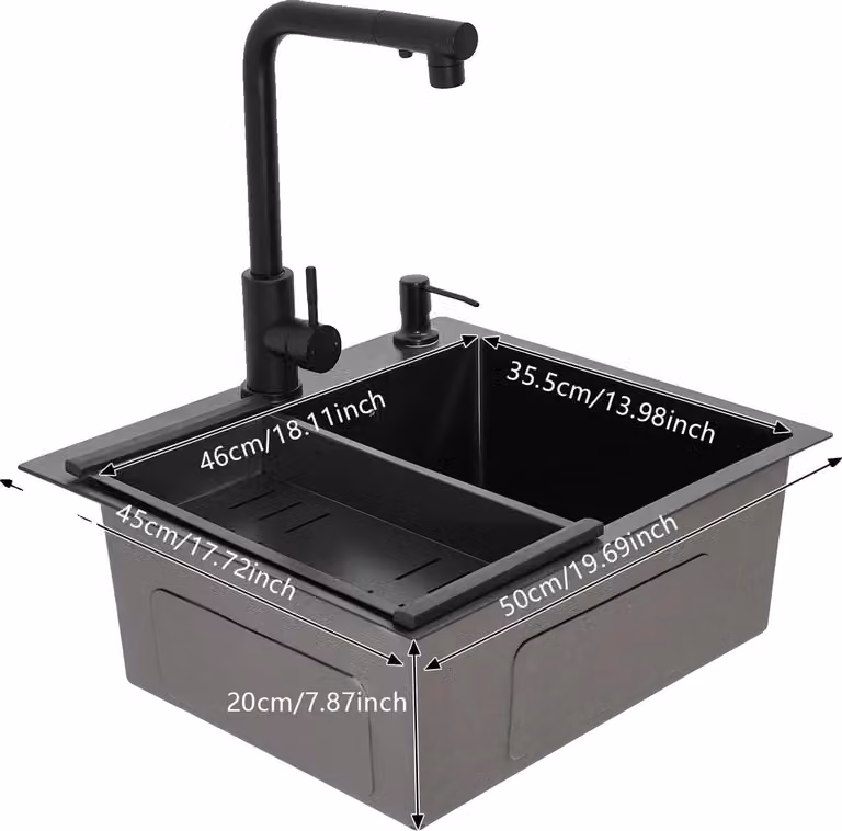 Lavello da cucina, acciaio inox, design a vasca singola, nero