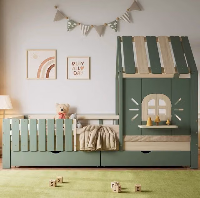 Letto a casetta per bambini con tetto; finestra e 2 cassetti; 90x200 cm; legno massello e MDF; verde