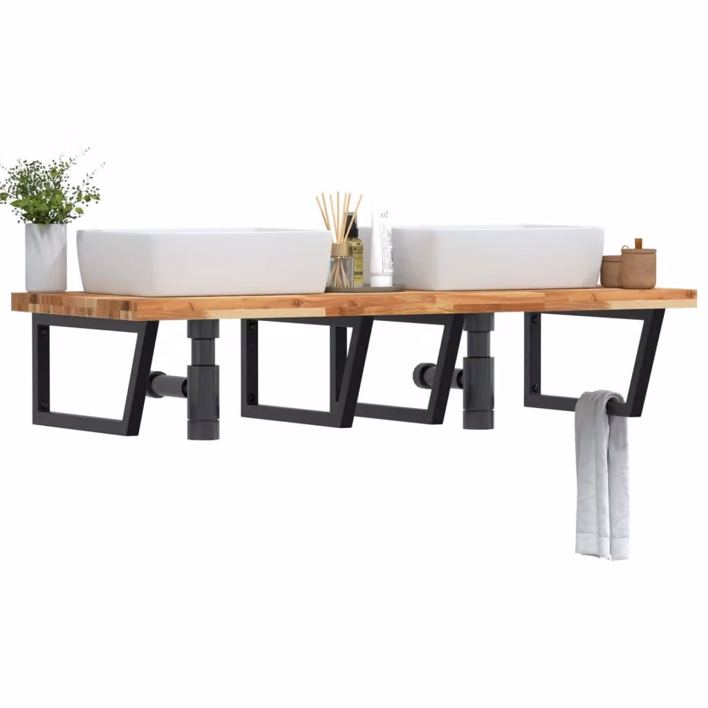 vidaXL Ripiano a Parete per Lavabo in Legno di Acacia e Metallo, Nero e Marrone, L: 60 cm
