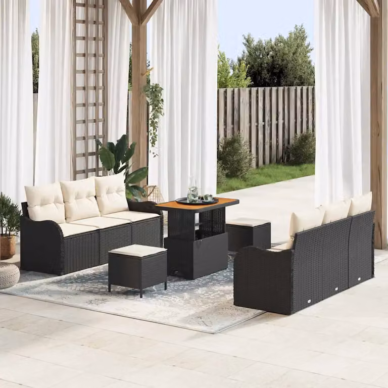 Set Divano da Giardino vidaXL 9 Pezzi a Forma di U con Cuscini Nero