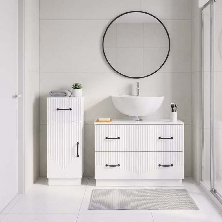 Set di mobili da bagno vidaXL HOORN composto da mobile lavabo e mobile contenitore, bianco lucido, L/P/H: 82,0 x 35,85 x 59,0 cm e 41,0 x 76,7 x 82,0 cm