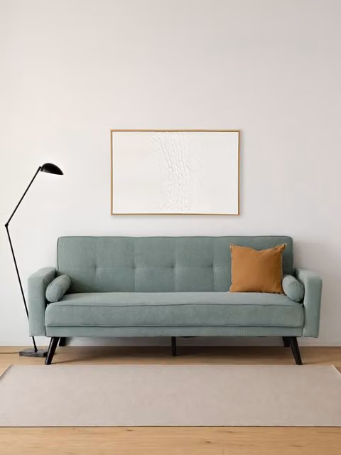Divano letto Dallas Kenay Home color acquamarina con funzione click-clack e cuscini inclusi