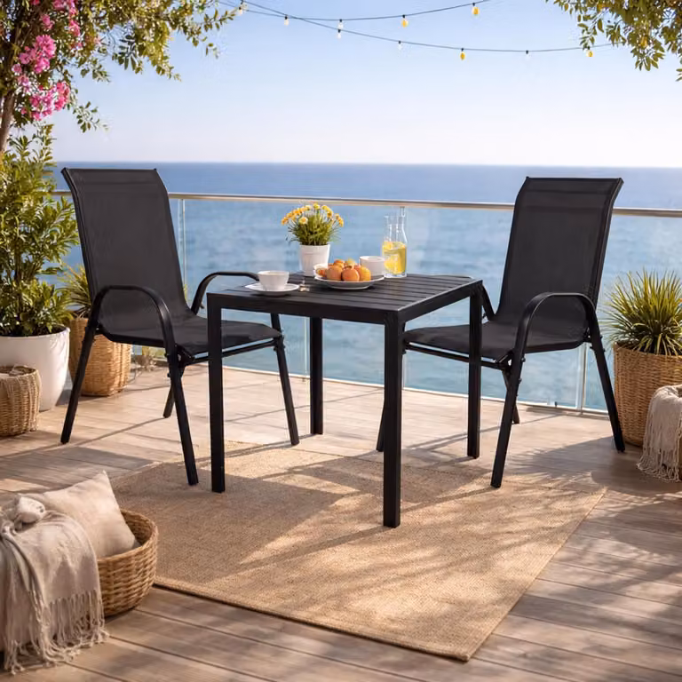 Set da giardino da esterno composto da 3 pezzi, dimensioni 90x90 cm, in alluminio color antracite, con sedie impilabili