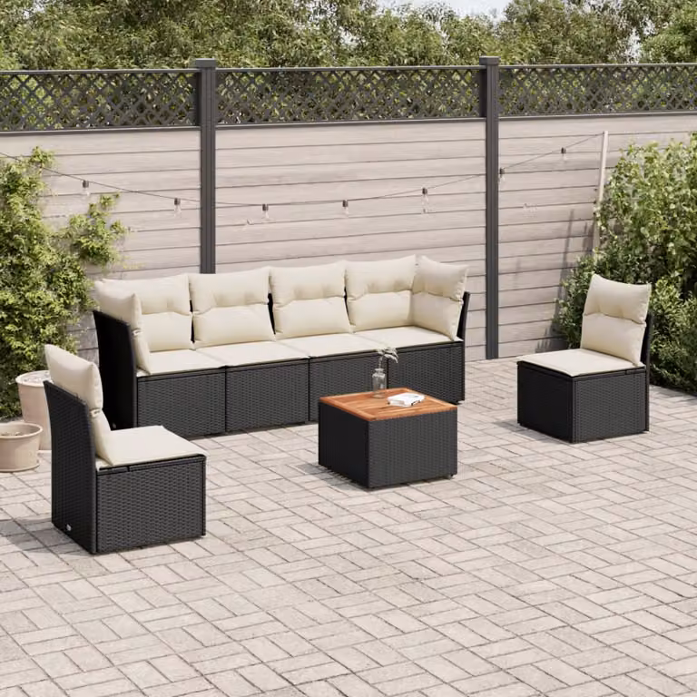 Set di Divani da Giardino a L vidaXL in Polyrattan Nero con 7 Cuscini e Tavolino da Esterno