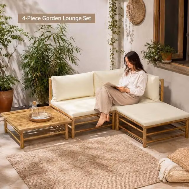 4-piece Garden Lounge Set With Cream-white Bamboo Cushions