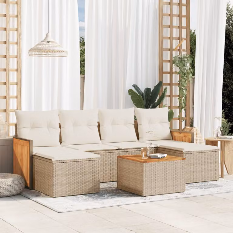 vidaXL Set Divani da Giardino 7 pz a Forma a L in Polyrattan con Cuscini Beige e Tavolino da Esterno