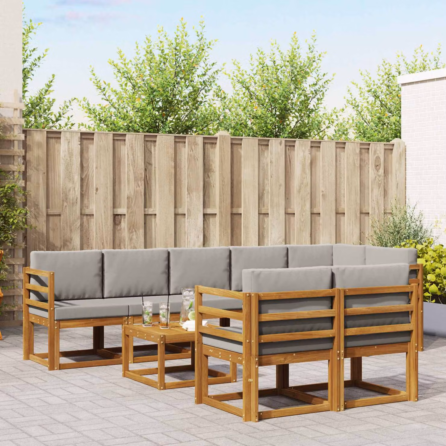Set di divani da esterno vidaXL 9 pz a forma di L in legno di acacia con cuscini Grigio e Marrone