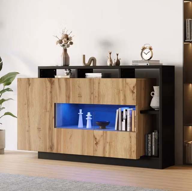 Sideboard LED 140x44x94 cm in MDF effetto legno con ante in acrilico