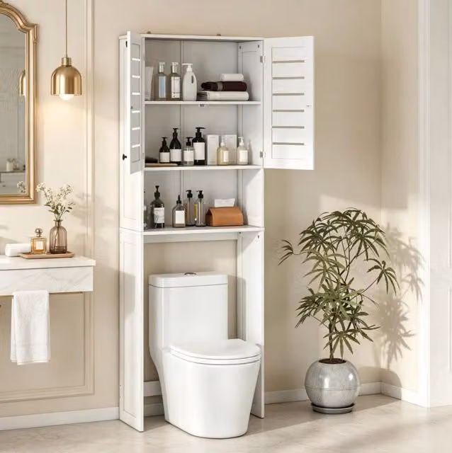 Mobiletto bagno sopra WC e lavatrice in MDF bianco con doppia anta e ripiani aperti, 67x31,5x190 cm