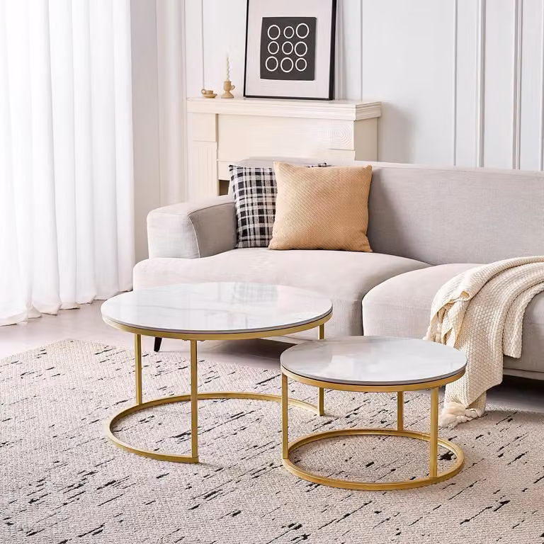 Set di tavolini da divano, forma rotonda, 2 pezzi, piano in Vetroceramica, bianco e oro, dimensioni 50 cm e 70 cm
