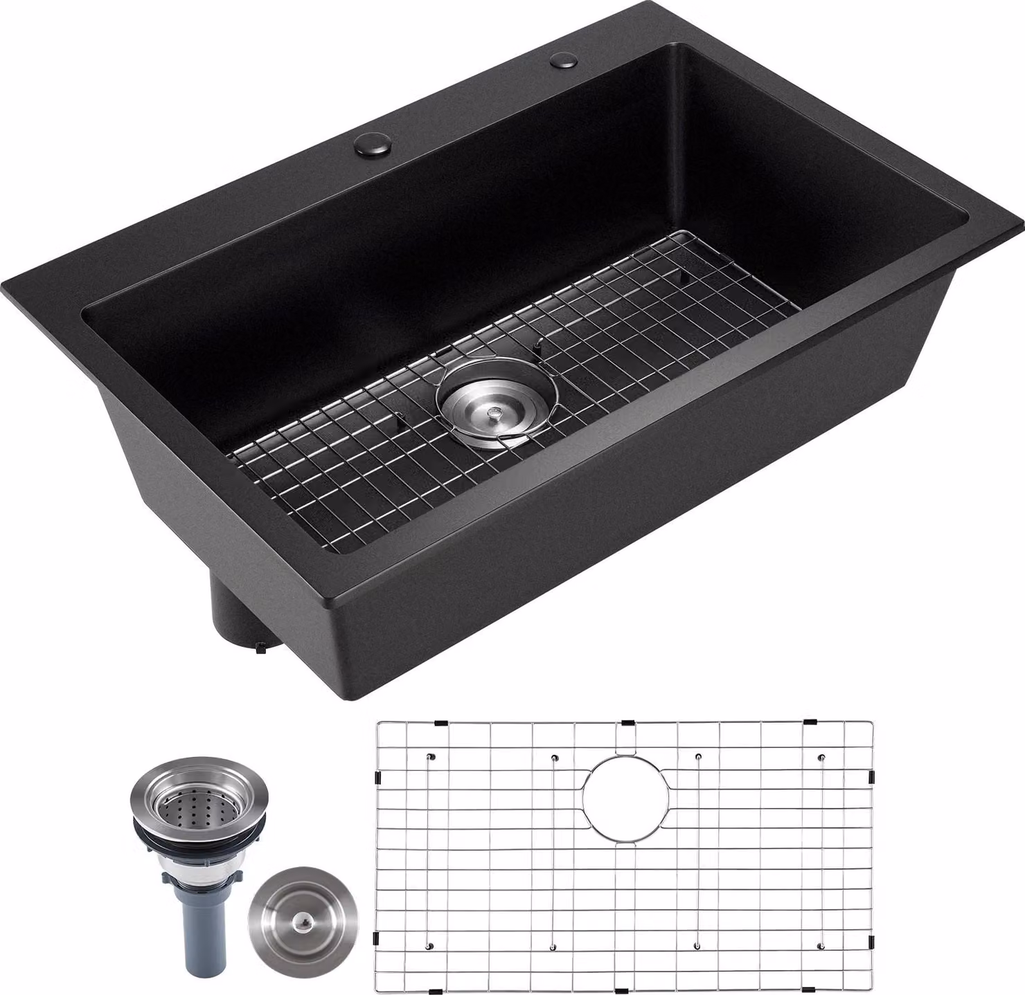 SucceBuy lavello da cucina in granito (838 x 559 x 222 mm) per montaggio in superficie, lavello da incasso in stile country con accessori, lavello per camper, mobili da cucina, bar, nero