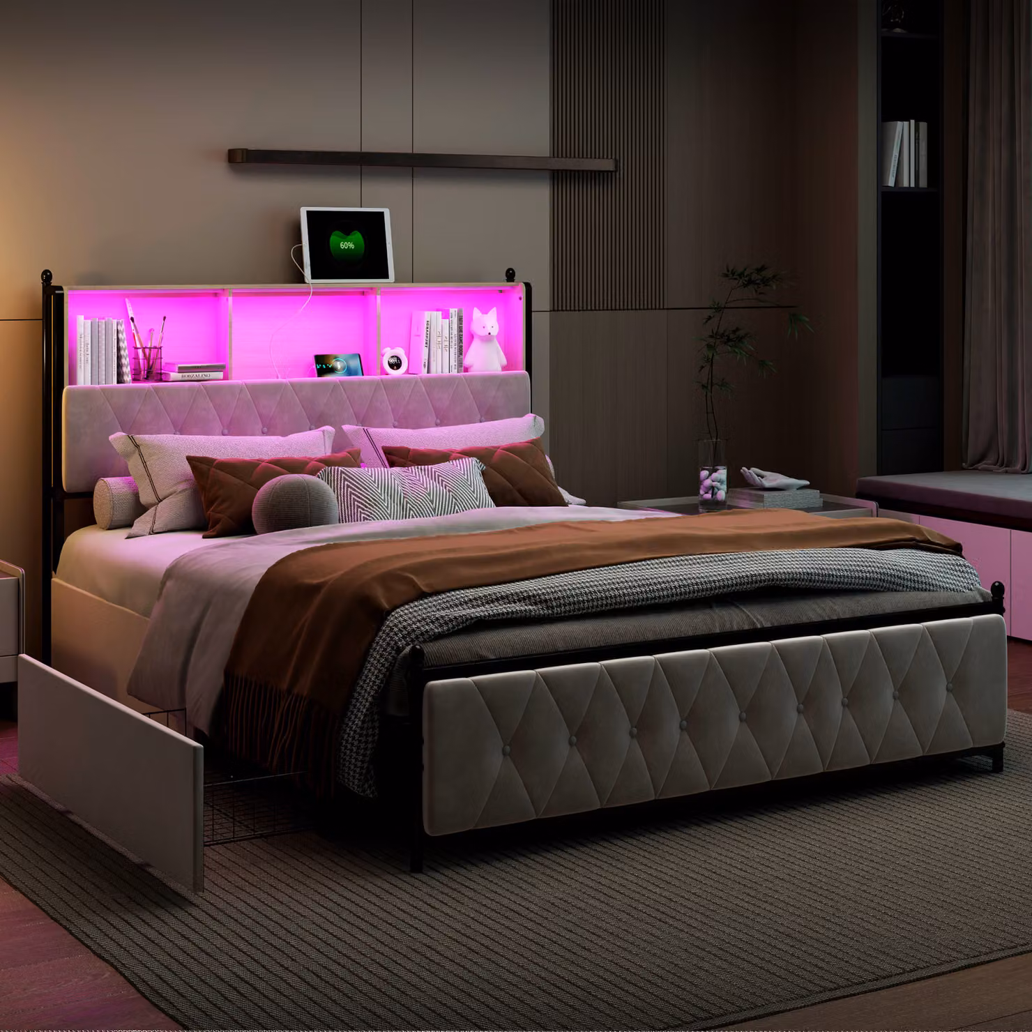 CDGlobal letto imbottito con USB tipo C, letto in metallo, letto contenitore letto giovanile letto matrimoniale LED con 4 cassetti, velluto, 160x200cm