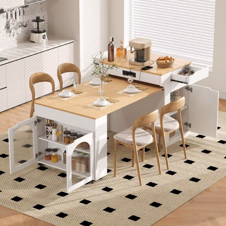 Tavolo allungabile per sala da pranzo con prese elettriche e piano in vetro decorato, tavolo da bar con due cassetti, tavolo da cucina 55-153x80x93 cm, bianco