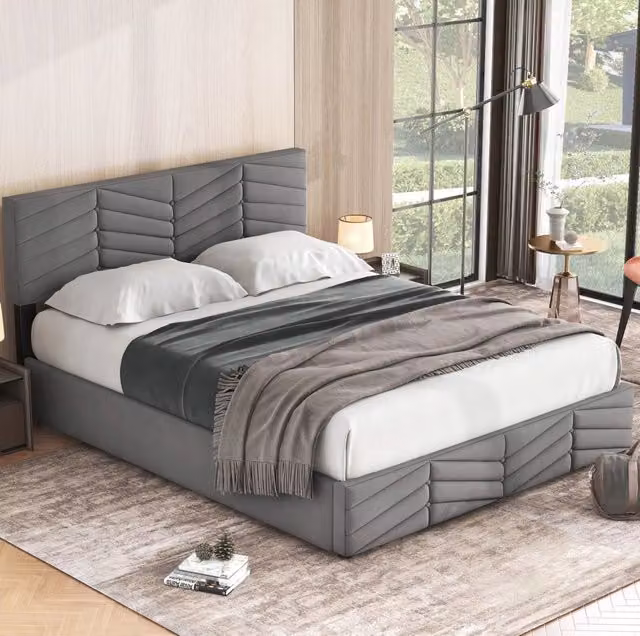 Letto Matrimoniale Contenitore in Velluto Grigio 140x200 cm con Testiera Regolabile in Altezza e Sistema Idraulico