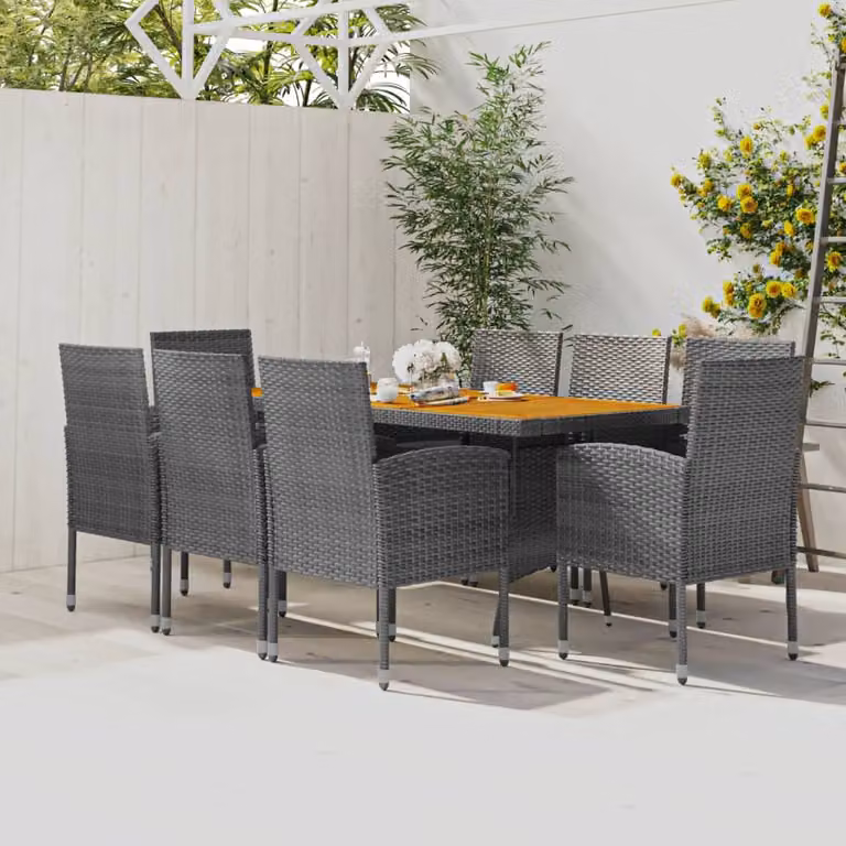 The Living Store 9 pezzi. Set da pranzo da giardino Poly Rattan Grigio