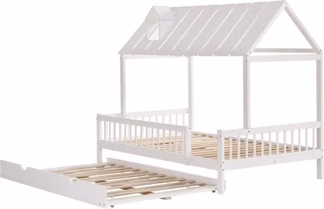 Letto a casetta con letto estraibile, tetto con bordo camino, lettino bambini e ragazzi in pino e MDF bianco 120x200/190 cm