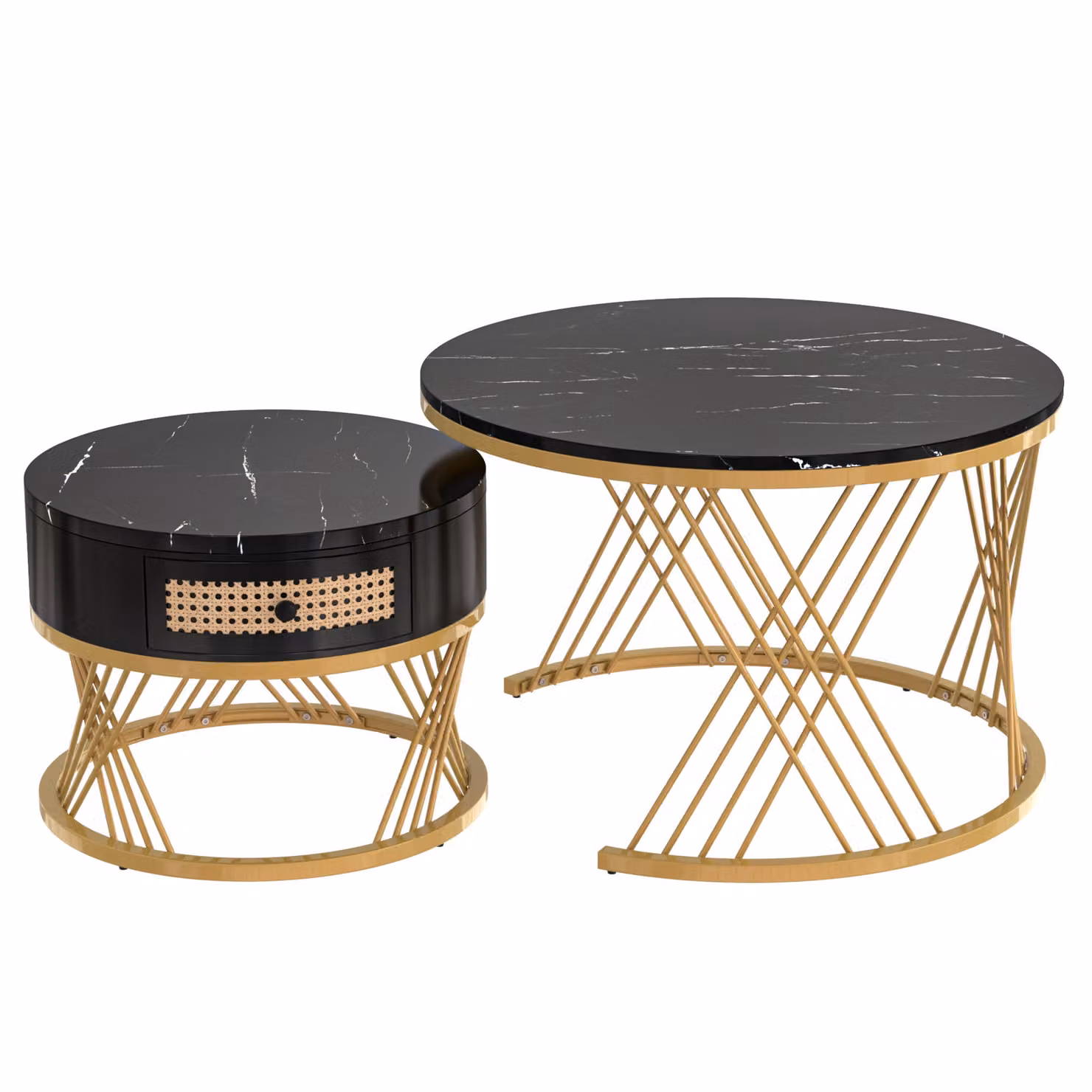 Set di 2 tavolini rotondi Aosom con piano effetto marmo, cassetti in rattan sintetico e gambe in ferro, colore nero e oro – 2