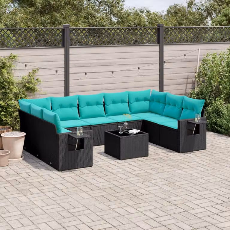 Set di divani da giardino vidaXL in polyrattan nero con cuscini e tavolino da esterno a forma di L