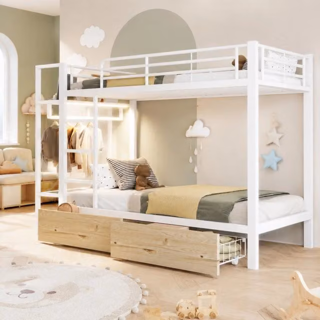 Letto a castello ULEVR 90x200 cm con 2 cassetti, ripiani, barra appendiabiti e luce LED, bianco