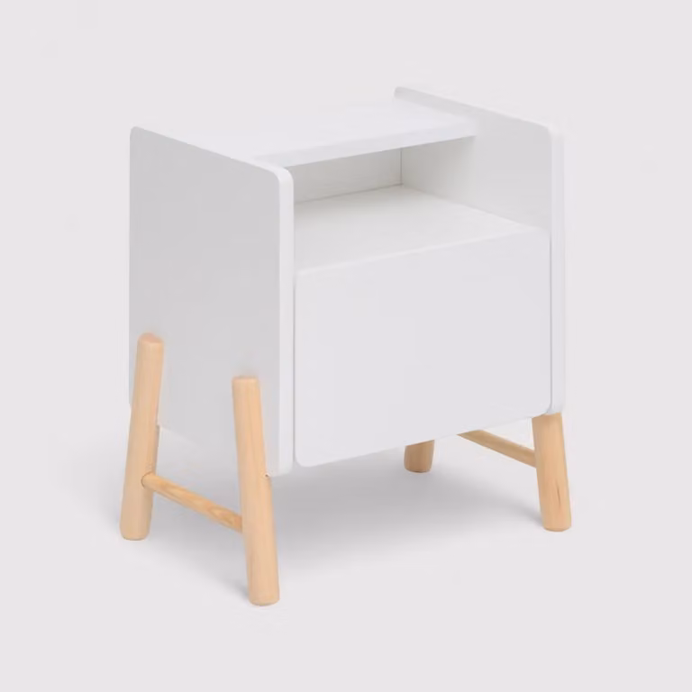 Kelen - Comodino bianco per bambini con 2 ripiani e 1 cassetto
