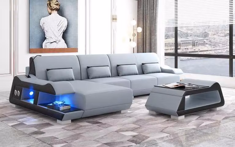 Ecksofa L-Form Ledersofa Couch Sofa Blau Luxus Moderne Eckgarnitur Couchen