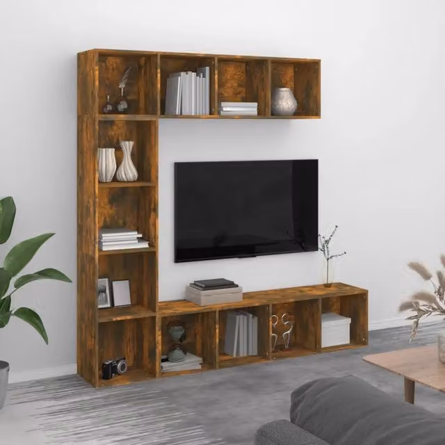 Set di mobili componibili vidaXL per soggiorno con libreria e porta TV in rovere fumo, 3 pezzi, L: 180 cm, P: 30 cm, H: 180 cm – 1