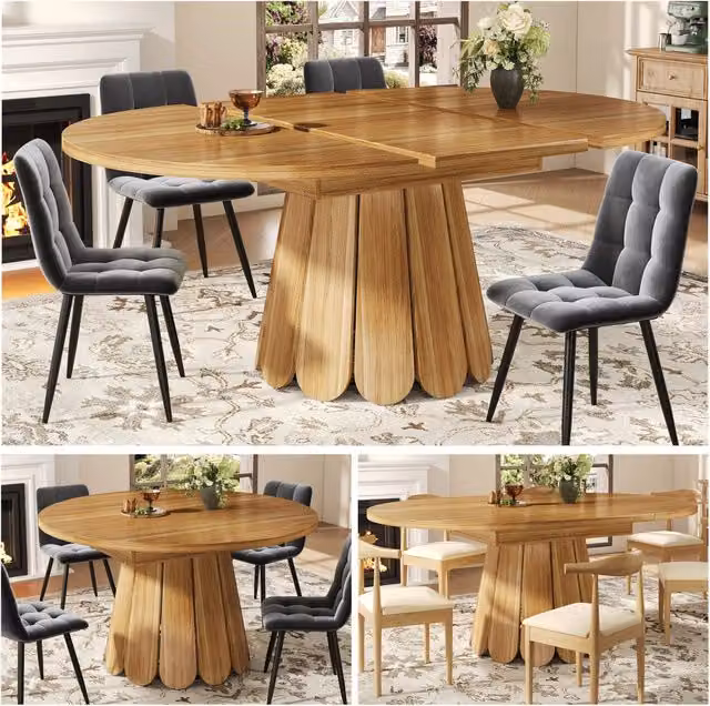 Tavolo da pranzo rotondo in legno, allungabile a ovale 118-158 cm, per 6 persone, marrone