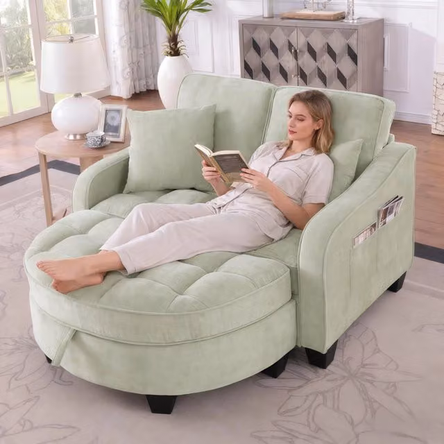 Divano Letto 2 in 1 in Ciniglia Ciano 132x129x93 cm con Pouf Contenitore e Struttura in Eucalipto