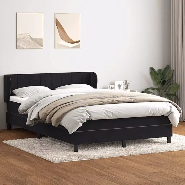 Letto Ibrido vidaXL con Giroletto a Molle e Materasso in Velluto Nero e Bianco L: 163 cm, P: 213 cm, H: 88 cm – 1