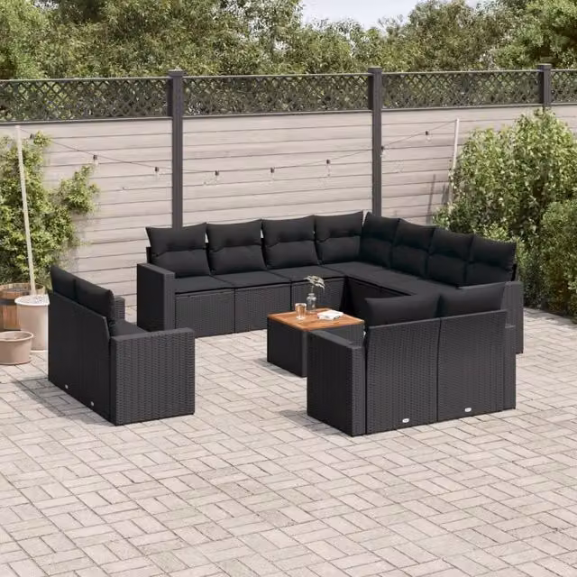 Set di divani da giardino a forma di U vidaXL in polyrattan nero con cuscini e tavolino da esterno