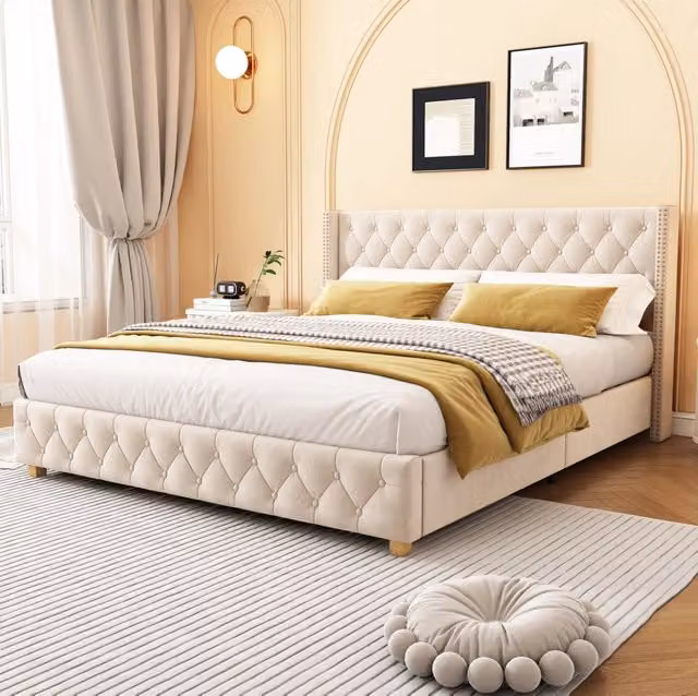 Letto imbottito 160x200 cm in velluto beige chiaro con testiera capitonné