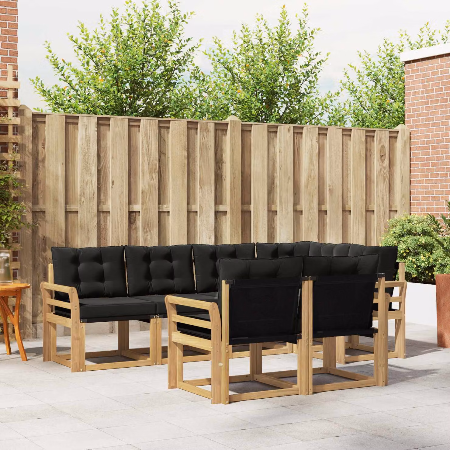 Set di divani da esterno vidaXL 7 pz in legno di acacia con cuscini, Bianco, Nero e Marrone