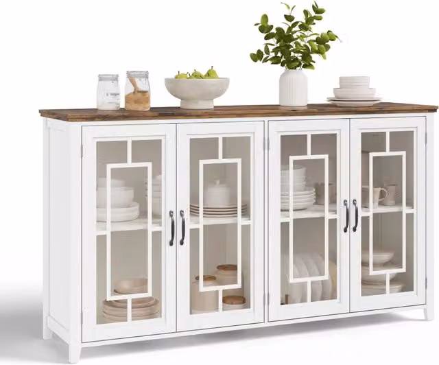 Madia Chicfurn moderna con 2 ante in vetro e 2 vani con piano effetto legno, colore bianco, L 160 cm x P 40 cm x H 86 cm