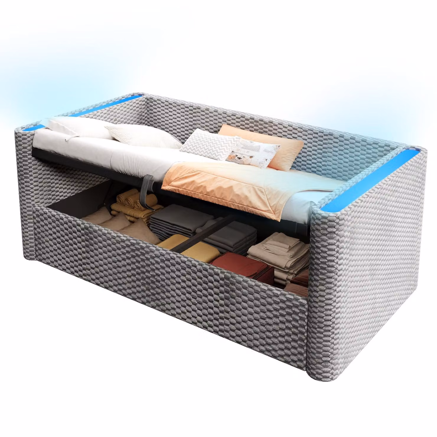 AIORBER daybed 90×200 cm con illuminazione a LED, meccanismo di stoccaggio idraulico, velluto, rete a doghe, divano letto senza materasso - grigio