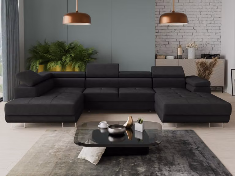 Set di divani Caris U con funzione letto e poggiatesta regolabili, divano ad angolo con due contenitori, divanetto, divano, divano letto (nero (Kronos 07), divano ad angolo a destra)