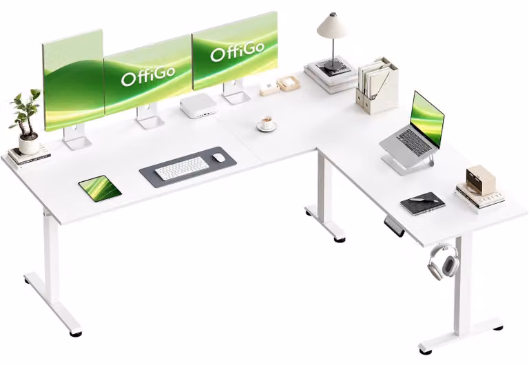 Scrivania a forma di L, regolabile in altezza, dimensioni 180x140 cm, colore bianco