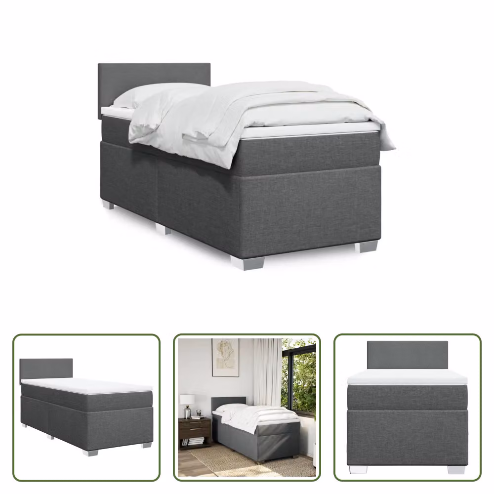The Living Store Letto a molle con materasso grigio scuro 90x190 cm in tessuto