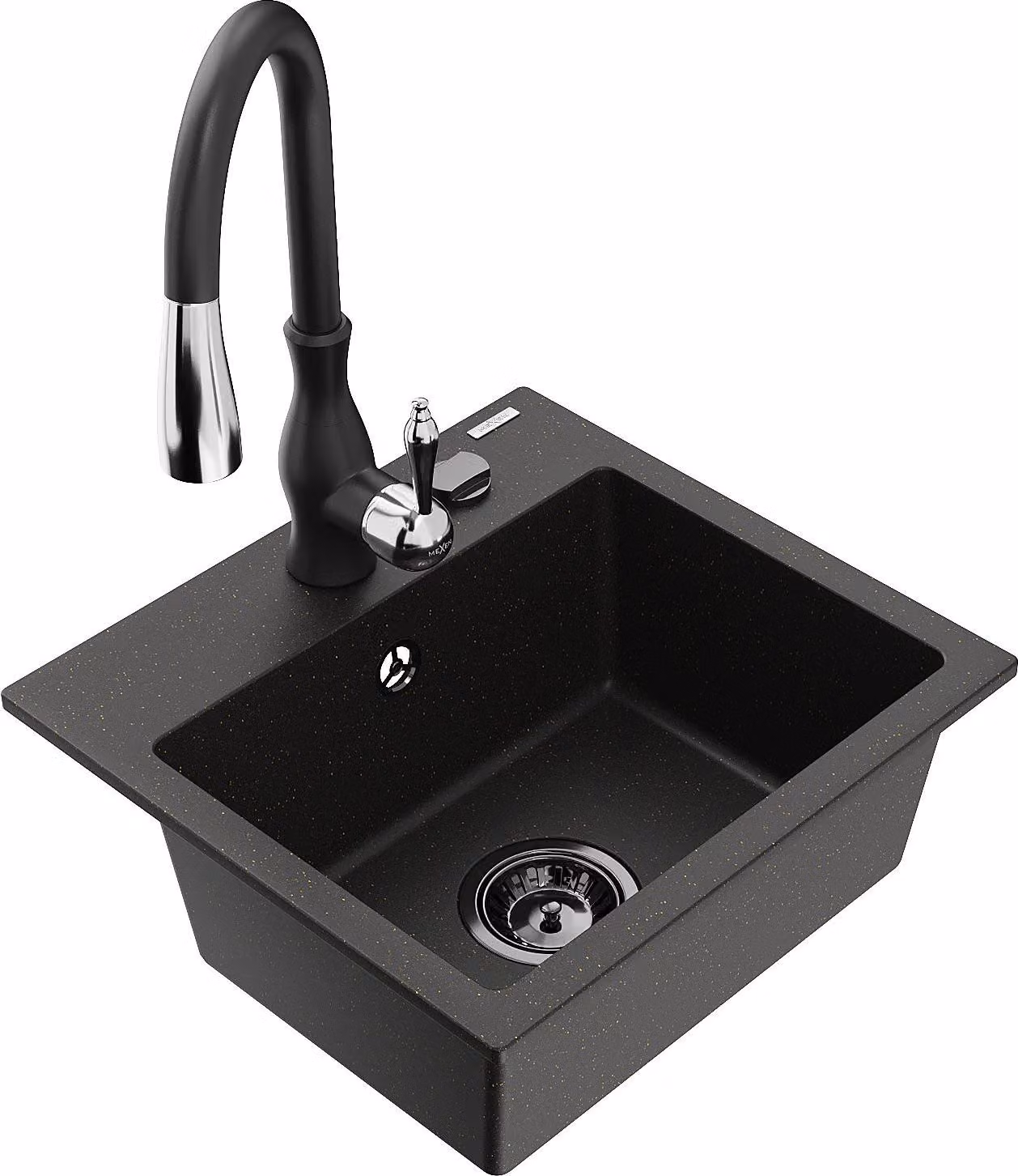 Mexen Milo lavello in granito a 1 vasca con rubinetto da cucina Savita, nero/oro metallizzato- 6505-75-672601-70-B