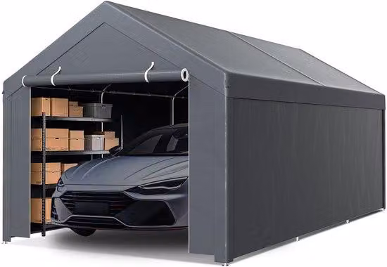 Telo per garage, dimensioni 3x6 metri, con parete laterale removibile, tetto in polietilene (PE), struttura in acciaio zincato, colore grigio.
