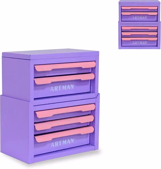 Organizzatore da scrivania multi-compartimento con cassetto in metallo e plastica, disponibile nei colori viola e rosa