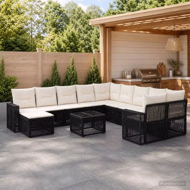 Set Divano da Giardino vidaXL 12 Pezzi a Forma di U in Polyrattan con Cuscini Nero, Bianco e Beige – 1