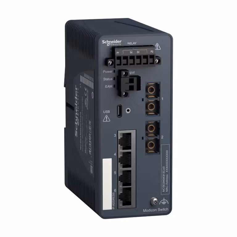Switch gestito Schneider Electric Modicon, 4 porte per cavo in rame (4TX 10/100 Mbit/s) + 2 per fibra ottica multimodale (2FX-MM 100 Mbit/s) MCSESM063F2CU0