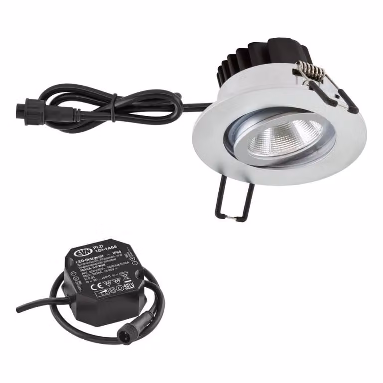 EVN P-LED, faretto da incasso a soffitto rotondo orientabile, cromo opaco, IP65, 6 W, 4000 K, 683 lm, 90 Ra, dimmerabile, diametro di incasso 68 mm