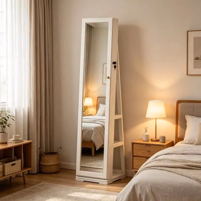 Specchio semplice girevole con armadio portagioie chiudibile in MDF e vetro bianco per camera 38 × 38 × 160 cm