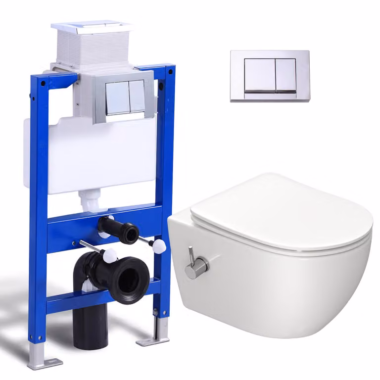 Set completo per WC con elemento doccia a parete - cassetta di scarico da 82 cm + WC sospeso Taharet con funzione bidet + placca rettangolare cromata HOROW