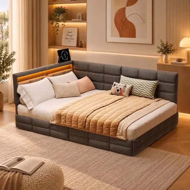 Divano letto multifunzionale 140x190; letto imbottito a L con LED e USB; Letto Matrimoniale con Rete a doghe e Testiera con Contenitore; Lino Grigio