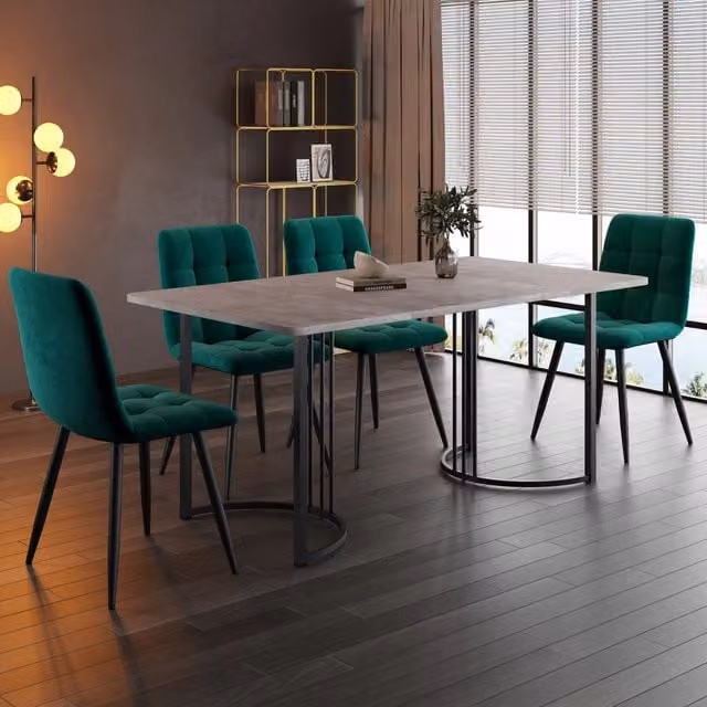 Tavolo da Pranzo Allungabile con 4 Sedie ¨C MINIMAL ¨C Piano MDF Grigio, Gambe Metallo Nero, Velluto Verde, 140x80 cm
