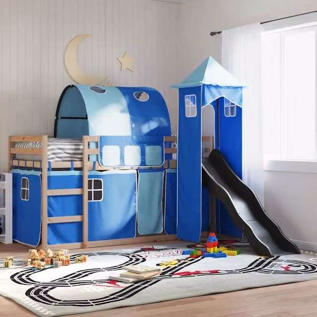 Letto a castello con scivolo e tende per bambini vidaXL in legno di pino, colore blu e antracite, L/P/H: 200 x 80 x 113 cm – 1